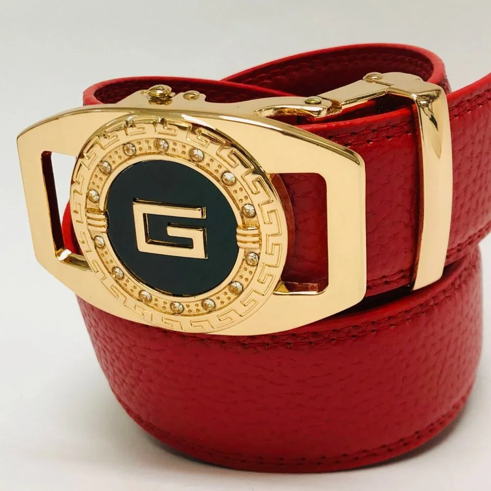 Red Belt Slide Belt Round G Gold Buckle Not Holes Slide Belt Fashion Street Wear
